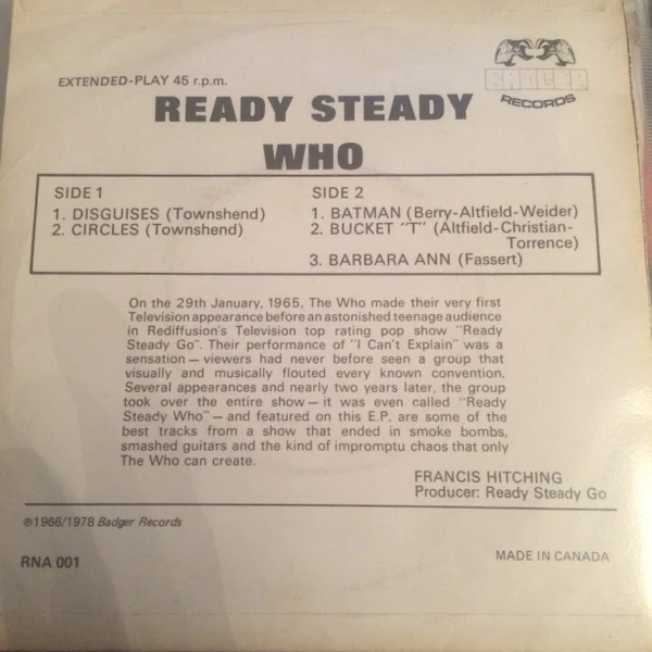 THE WHO, Ready Steady Who (Badger Records; RNA 001, Canada 1978 Reissue, Black And White Picture Sleeve), SALE - Up to 50% Off the Original Price  7" EP VG/VG+ - Image 2