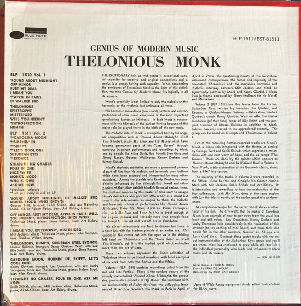 THELONIOUS MONK, Genius Of Modern Music, Volume Two (Blue Note (Dark Blue w/ white 'b'); BST 81511, US 1975 Reissue, Company Inner, Stereo) LP VG/G+ - Image 2