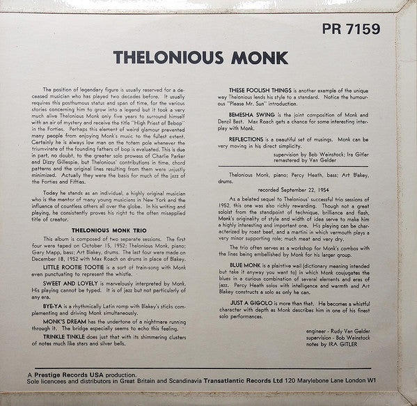 THELONIOUS MONK, Monk's Moods (Transatlantic Records; PR 7159, UK 1966 Reissue) LP G/G - Image 2