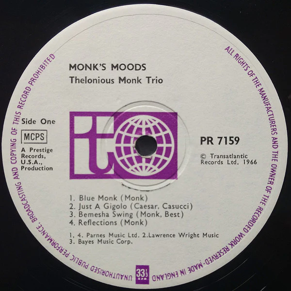 THELONIOUS MONK, Monk's Moods (Transatlantic Records; PR 7159, UK 1966 Reissue) LP G/G - Image 3