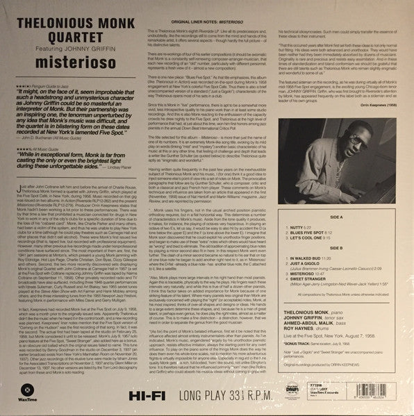 THELONIOUS MONK QUARTET, Misterioso (WaxTime; 772218, US 2017 Reissue, 180 Gram Vinyl) LP NEW/NEW - Image 2