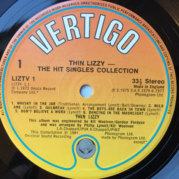 THIN LIZZY, The Adventures Of Thin Lizzy (The Hit Singles Collection) (Vertigo Orange Label; LIZTV 1, UK 1981, Inner) LP VG/VG+ - Image 3
