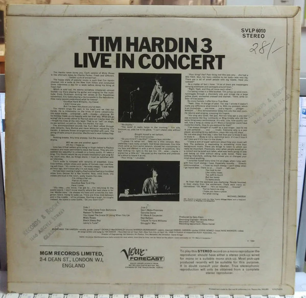 TIM HARDIN, Tim Hardin 3 Live In Concert (Verve Forecast; SVLP 6010, UK 1968, Laminated Front Sleeve) LP G+/VG - Image 2