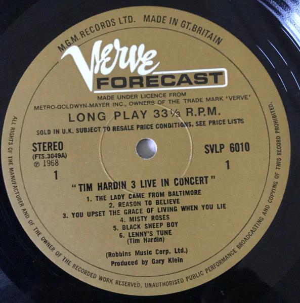 TIM HARDIN, Tim Hardin 3 Live In Concert (Verve Forecast; SVLP 6010, UK 1968, Laminated Front Sleeve) LP G+/VG - Image 3