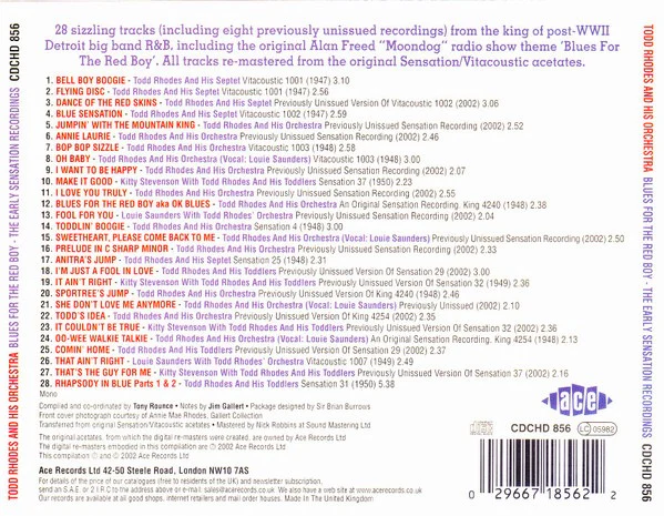 TODD RHODES AND HIS ORCHESTRA, Blues For The Red Boy - The Early Sensation Recordings (Ace; CDCHD 856, UK 2002, Jewel Case) CD VG+/VG+ - Image 2