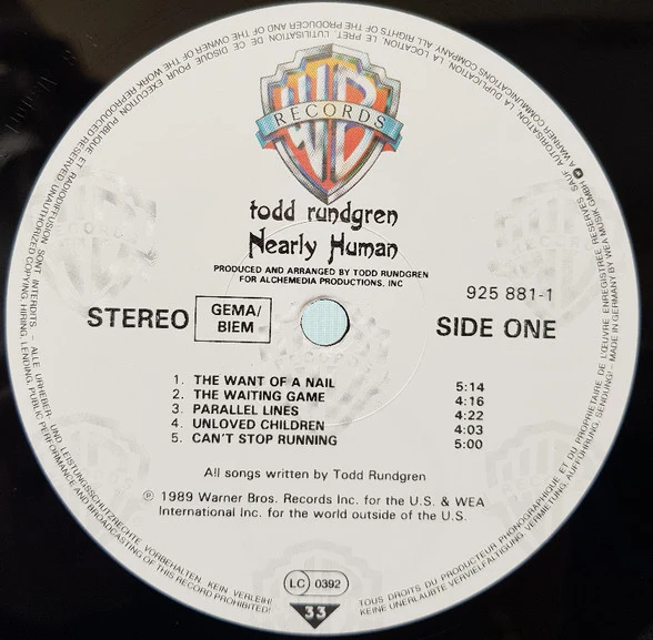 TODD RUNDGREN, Nearly Human (Warner Bros. Records; 925 881-1, Europe 1989, Inner) LP VG/VG+ - Image 3