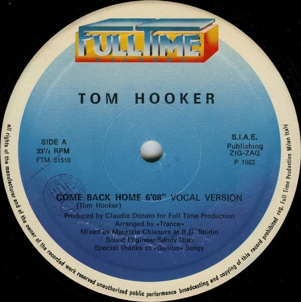 TOM HOOKER, Come Back Home (Full Time Records; FTM 31518, Italy 1983, Picture Sleeve) 12" VG/VG - Image 3