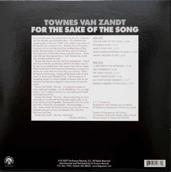 TOWNES VAN ZANDT, For The Sake Of The Song (Fat Possum Records ; FP1087-1, US 2012) LP NEW/NEW - Image 2
