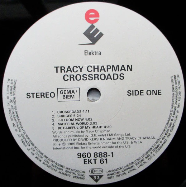 TRACY CHAPMAN, Crossroads (Elektra; 960 888-1, Europe 1989, Inner & Insert, Three Line Of Text Bottom Rear Of Sleeve) LP VG+/VG - Image 3