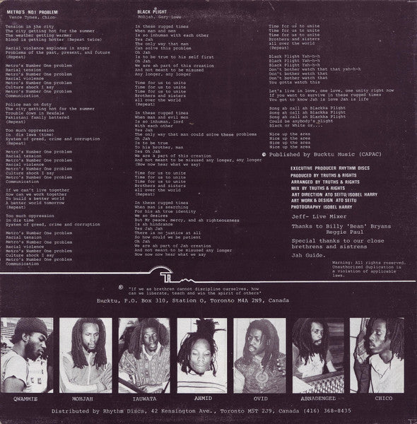 TRUTHS & RIGHTS, Metro's No. 1 Problem (Rhythm Discs; RD 500, Canada 1981, Picture Sleeve) 12" VG+/VG+ - Image 2