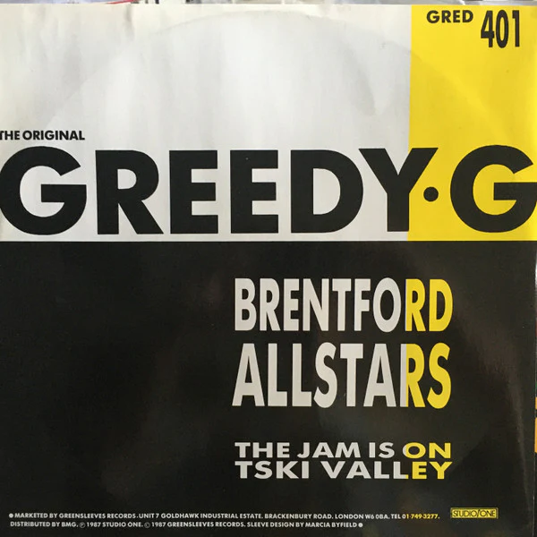 TSKI VALLEY / BRENTFORD ALL STARS, The Jam Is On / Greedy G (Greensleeves Records; GRED 401, UK 1987, Picture Sleeve) 12" /VG