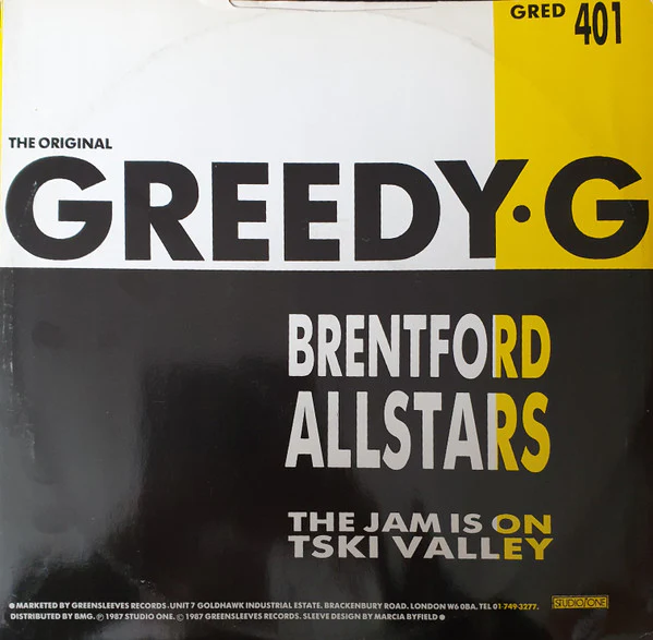 TSKI VALLEY / BRENTFORD ALL STARS, The Jam Is On / Greedy G (Greensleeves Records; GRED 401, UK 1987, Picture Sleeve) 12" /VG - Image 2