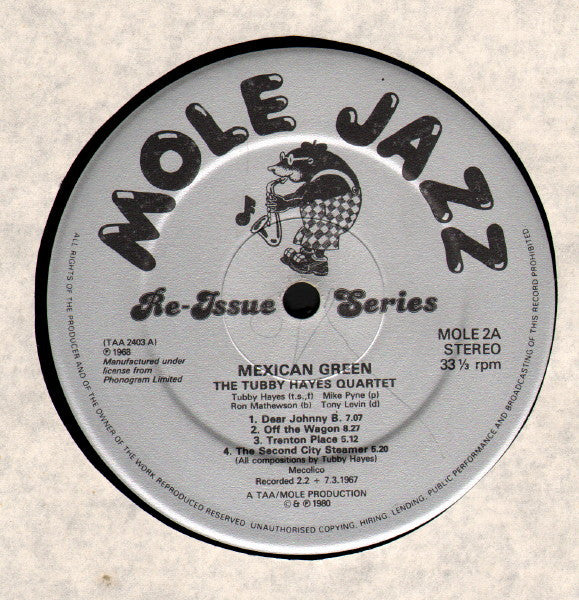 TUBBY HAYES QUARTET, Mexican Green (Mole Jazz; MOLE2, UK 1981 Reissue) LP VG/VG+ - Image 2