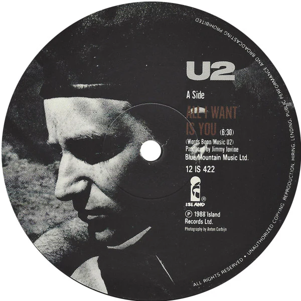 U2, All I Want Is You (Island Records; 12 ISB 422, UK 1989, Envelope Sleeve, Black Inner, With 4 Photo-Prints) 12" VG+/VG+ - Image 3
