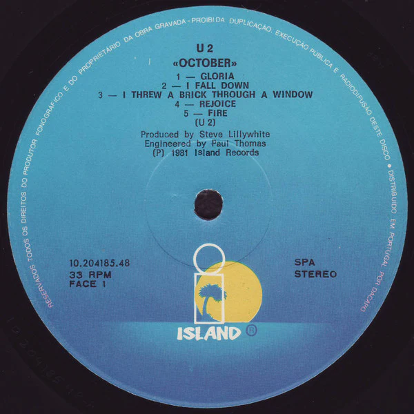 U2, October (Island Records "R" Next To Logo, SPA Aigned Left With STEREO Both Labels; 10.204185.48, Portugal 1980s Reissue, Inner) LP VG+/VG+ - Image 3