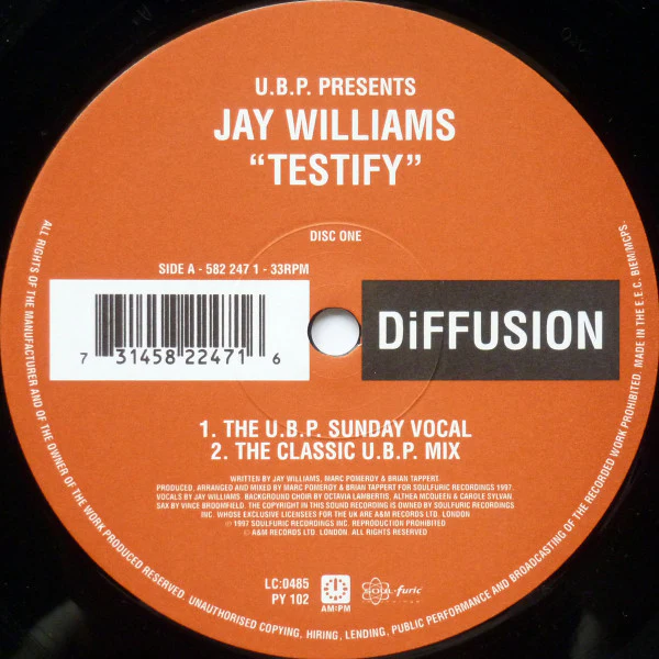 U.B.P. PRESENTS JAY WILLIAMS, Testify (DiFFUSION; 582 247 1, UK 1997) 12" VG/VG+