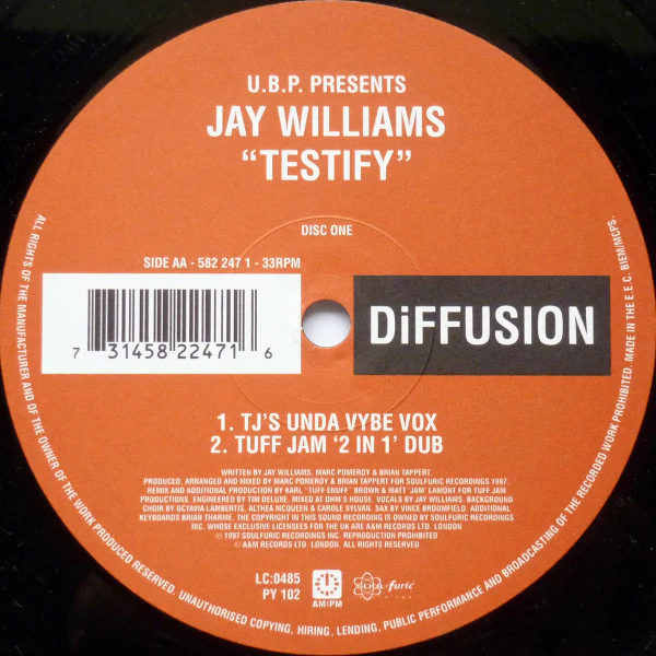 U.B.P. PRESENTS JAY WILLIAMS, Testify (DiFFUSION; 582 247 1, UK 1997) 12" VG/VG+ - Image 2