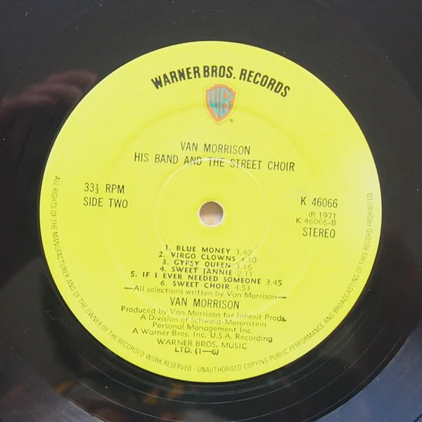 VAN MORRISON, His Band and the Street Choir (WB Green With WB Orange Shield Logo; K 46066, UK 1971 Reissue, Gatefold With K 46066 (WS 1884) Sticker On Rear) LP VG+/VG - Image 3