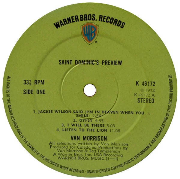 VAN MORRISON, Saint Dominic's Preview (WB Green With WB Orange Shield Logo, NO "Made In UK"; K46172, UK 1972, NO Insert, RAYS/KIPPER) LP VG/VG+ - Image 3