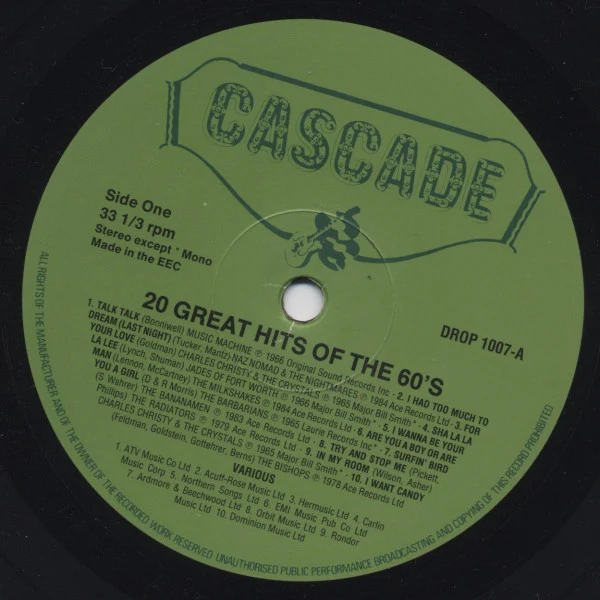 VARIOUS, 20 Great Hits Of The 60's (Cascade Records; DROP 1007, UK 1984) LP VG/VG - Image 3
