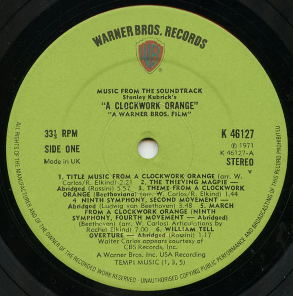 VARIOUS INC WALTER CARLOS, Stanley Kubrick's A Clockwork Orange (WB Green With Shield Logo v Under STEREO Made In UK Under SIDE Indicators; K46127, UK 1971 Reissue) LP VG/VG+ - Image 3