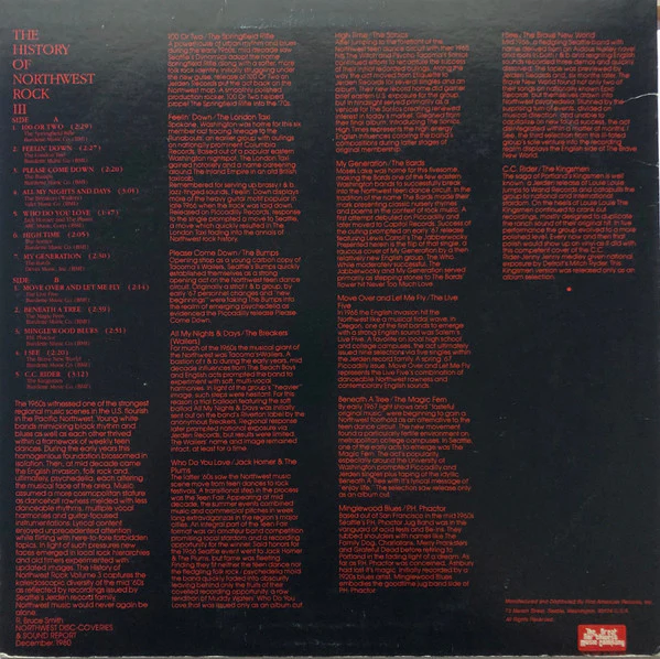 VARIOUS, The History Of Northwest Rock Volume III (The Great Northwest Music Company; GNW-4009, US 1980), SALE - Up to 50% Off the Original Price  LP VG/VG+ - Image 2