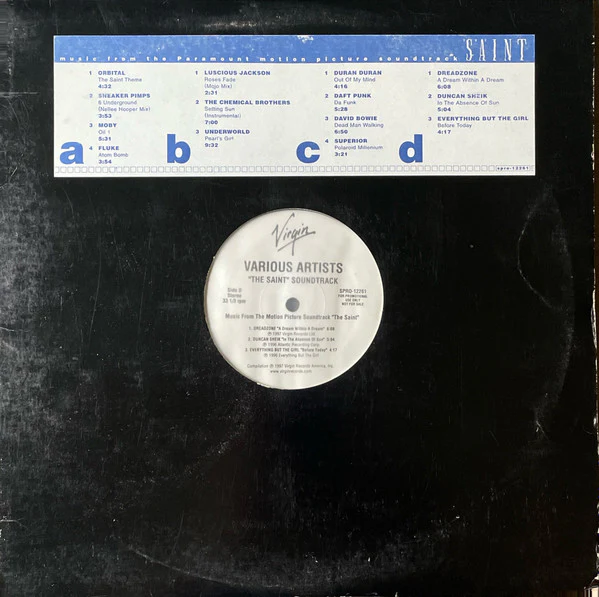VARIOUS, The Saint (Music From The Paramount Motion Picture Soundtrack) (Virgin; SPRO-12261, US 1997, Promo, Stickered Plain Sleeve, David Bowie, Underworld, Orbital, Chemical Brothers, Daft 2xLP VG/VG
