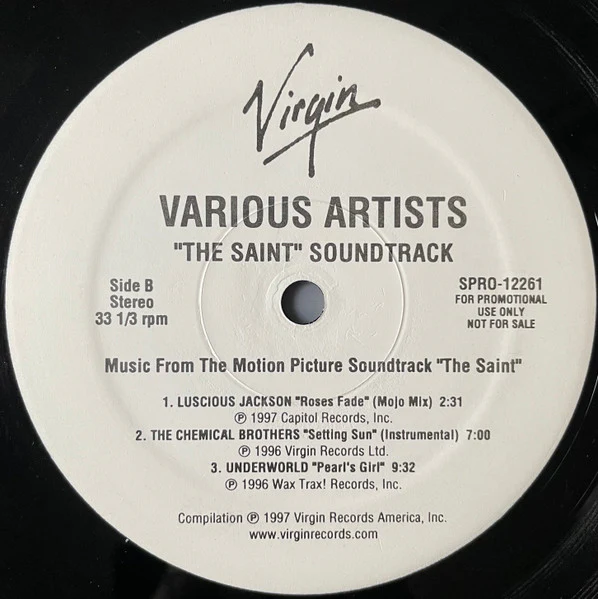 VARIOUS, The Saint (Music From The Paramount Motion Picture Soundtrack) (Virgin; SPRO-12261, US 1997, Promo, Stickered Plain Sleeve, David Bowie, Underworld, Orbital, Chemical Brothers, Daft 2xLP VG/VG - Image 3