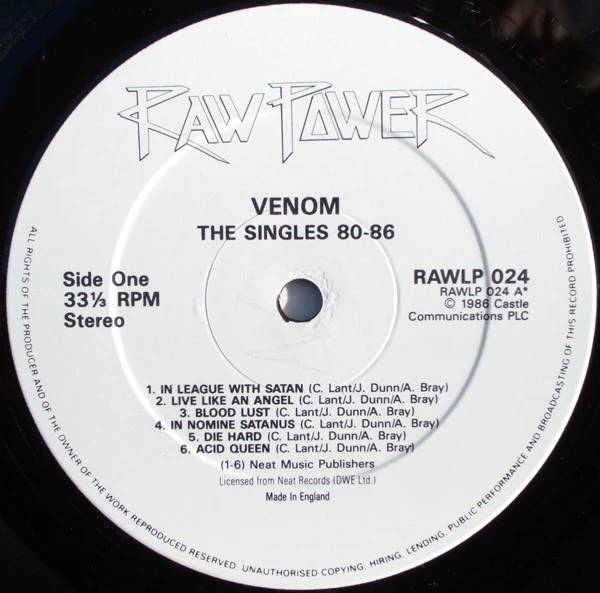 VENOM, The Singles 80-86 (Raw Power; RAWLP 024, UK 1986) LP VG/VG - Image 3