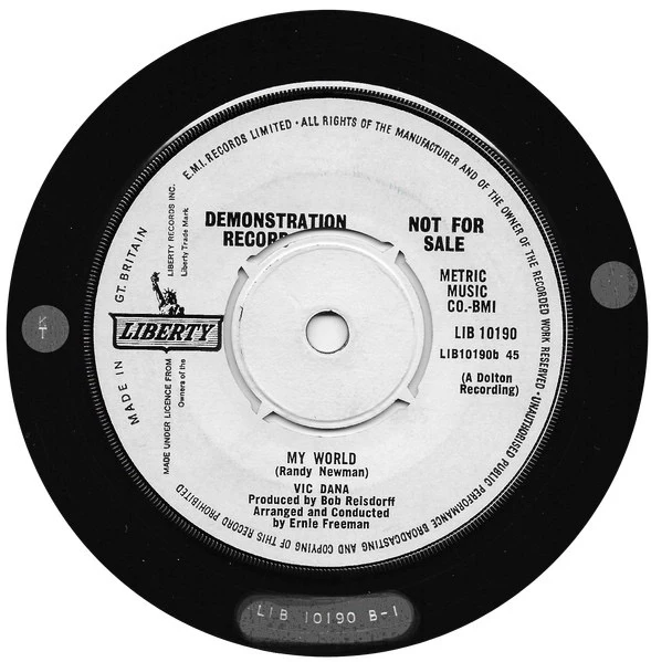 VIC DANA, Red Roses For A Blue Lady / My World (Liberty; LIB 10190, UK 1965, A Label Promo, Company Sleeve) 7" VG/VG - Image 2