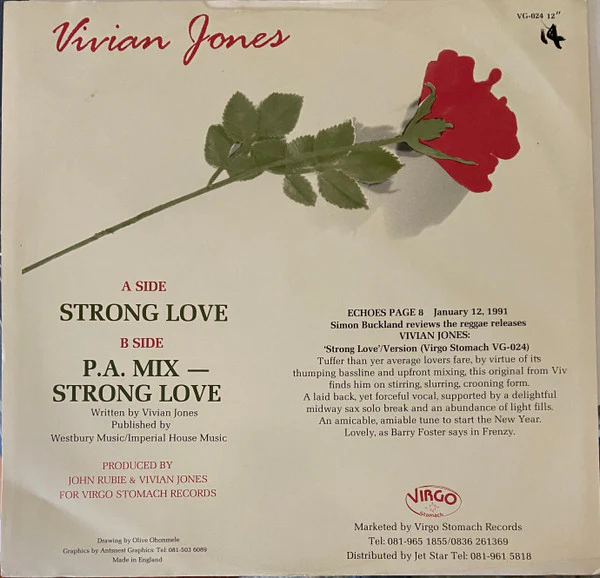 VIVIAN JONES, Strong Love (Virgo Stomach; VG-024, UK 1991, Picture Sleeve) 12" VG/VG - Image 2