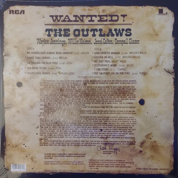 WAYLON JENNINGS, WILLIE NELSON, JESSI COLTER, TOMPALL GLASER, Wanted! The Outlaws (Sony Music; 19075958971, Europe 2019 Reissue) LP EX/VG+ - Image 2