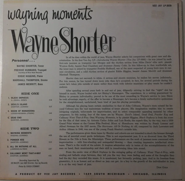 WAYNE SHORTER, Wayning Moments (Vee Jay Records; LP3029, US 1960s Reissue, Pasteback Sleeve, Mono; Misprint), SALE - Up to 50% Off the Original Price  LP G+/VG - Image 2