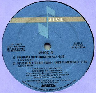WHODINI, Friends / Five Minutes Of Funk (Jive; JD-1-9227, US 1984, Clear Plastic Sleeve With Card Inner) 12" VG/G+ - Image 2