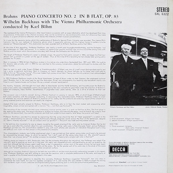 WILHELM BACKHAUS VIENNA PHILHARMONIC, KARL BOHM, Brahms: Piano Concerto No.2 (Decca; SXL 6322, UK 1967), SALE - Up to 50% Off the Original Price  LP VG/VG+ - Image 2