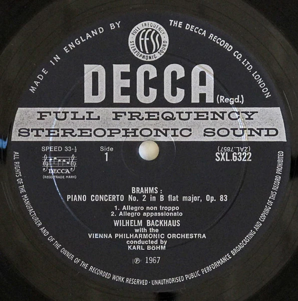 WILHELM BACKHAUS VIENNA PHILHARMONIC, KARL BOHM, Brahms: Piano Concerto No.2 (Decca; SXL 6322, UK 1967), SALE - Up to 50% Off the Original Price  LP VG/VG+ - Image 3