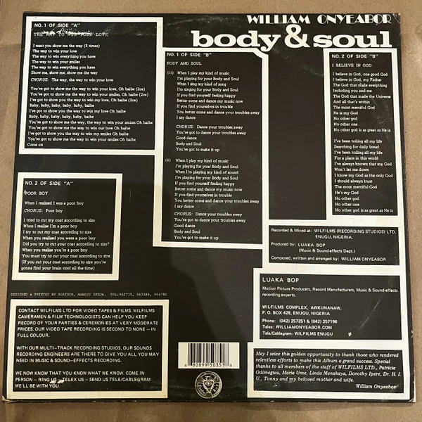 WILLIAM ONYEABOR, Body & Soul (Luaka Bop; LP-LBOP-5035C, US 2025 Reissue, Blue Vinyl), SALE - Up to 50% Off the Original Price LP NEW/NEW - Image 2