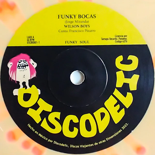WILSON BOYS / ALMAFUERTE, Funky Bocas / Baila Muchacha (Discodelic; DSCBOX01-1, US 2023, Die Cut Company Sleeve, Red marble coloured vinyl) 7" EX/EX - Image 3