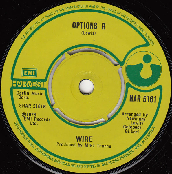 WIRE, Dot Dash / Options R (Harvest; HAR 5161, UK 1978, No picture sleeve) 7" /VG+ - Image 2