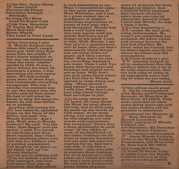 WOODY GUTHRIE, Original Recordings Made By Woody Guthrie 1940-1946 (Warner Bros. Records; BS 2999, US 1977) LP VG+/VG+ - Image 2