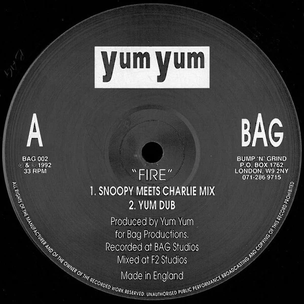 YUM YUM, Fire (Bag Records ; BAG 002, UK 1992) 12" /G+