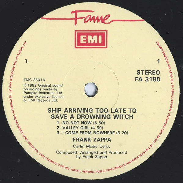 ZAPPA, Ship Arriving Too Late To Save A Drowning Witch (Fame Labels With EMI Box ; FA 3180, UK 1988 Reissue) LP VG/G+ - Image 3
